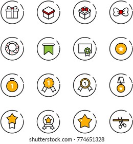 line vector icon set - gift vector, bow, christmas wreath, flag, certificate, star medal, gold, opening