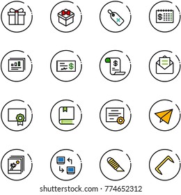 line vector icon set - gift vector, medical label, finance calendar, statistics report, check, account history, opened mail, certificate, book, paper fly, photo, data exchange, work knife, staple