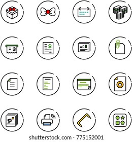 line vector icon set - gift vector, bow, schedule, big cash, receipt, account statement, statistics report, attachment, document, certificate, photo, printer wireless, staple, cube hole toy