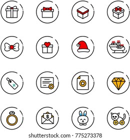 line vector icon set - gift vector, bow, christmas hat, santa sleigh, medical label, certificate, diamond, ring, mail dollar, toy rabbit, cat