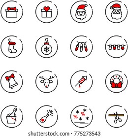 line vector icon set - gift vector, santa claus, christmas sock, ball, garland, bell, deer, firework rocket, wreath, champagne, sale, opening