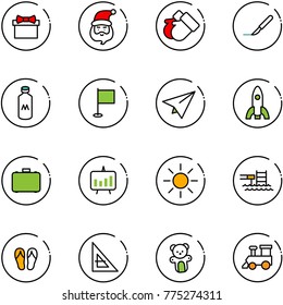 line vector icon set - gift vector, santa claus, gloves, scalpel, milk, flag, paper plane, rocket, case, presentation chart, sun, pool, flip flops, corner ruler, bear toy, train