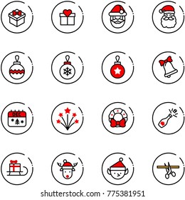 line vector icon set - gift vector, santa claus, christmas ball, bell, calendar, firework, wreath, champagne, sleigh, deer hat, elf, opening