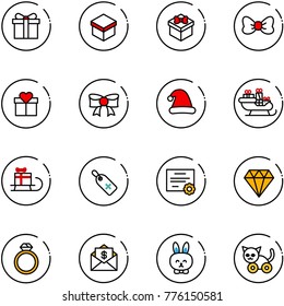 line vector icon set - gift vector, bow, christmas hat, santa sleigh, medical label, certificate, diamond, ring, mail dollar, toy rabbit, cat