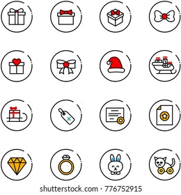 line vector icon set - gift vector, bow, christmas hat, santa sleigh, medical label, certificate, diamond, ring, toy rabbit, cat