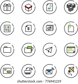 line vector icon set - gift vector, patient card, big cash, account statement, statistics report, attachment, folder, paper fly, schedule, envelope, printer wireless, mail, kite