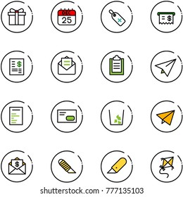 line vector icon set - gift vector, 25 dec calendar, medical label, receipt, account statement, opened mail, clipboard, paper plane, document, envelope, garbage, fly, dollar, work knife, kite