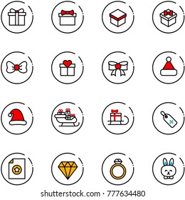 line vector icon set - gift vector, bow, christmas hat, santa sleigh, medical label, certificate, diamond, ring, toy rabbit
