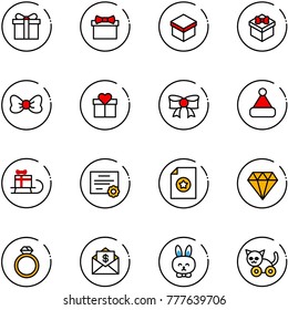 line vector icon set - gift vector, bow, christmas hat, sleigh, certificate, diamond, ring, mail dollar, toy rabbit, cat