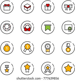 line vector icon set - gift vector, bow, christmas wreath, flag, certificate, gold medal, star