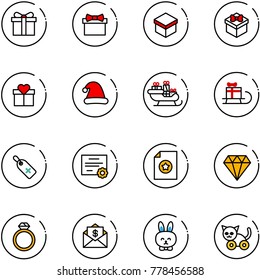 line vector icon set - gift vector, christmas hat, santa sleigh, medical label, certificate, diamond, ring, mail dollar, toy rabbit, cat