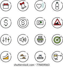 line vector icon set - gift vector, bell, heart beat, milk, dollar, coin, credit card, steep roadside road sign, settings, volume max, printer, target, rise, flip flops, conveyor, laser lever