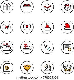 line vector icon set - gift vector, bow, christmas hat, santa sleigh, medical label, certificate, diamond, mail dollar, toy cat