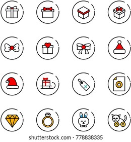 line vector icon set - gift vector, bow, christmas hat, sleigh, medical label, certificate, diamond, ring, toy rabbit, cat