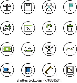 line vector icon set - gift vector, floor scales, heart gear, flag, credit card, cursor browser, unlocked, trash bin, money, car, cup, chart point arrow, monoblock pc, cpu, staple, game console