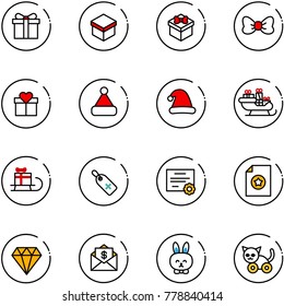 line vector icon set - gift vector, bow, christmas hat, santa sleigh, medical label, certificate, diamond, mail dollar, toy rabbit, cat