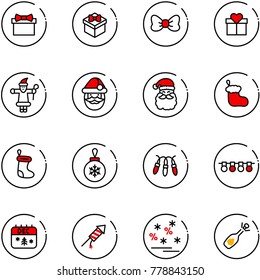 line vector icon set - gift vector, bow, santa claus, christmas sock, ball, garland, calendar, firework rocket, sale, fizz opening