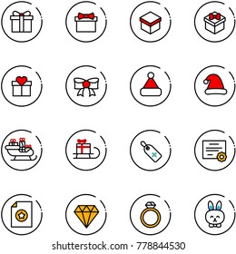 line vector icon set - gift vector, bow, christmas hat, santa sleigh, medical label, certificate, diamond, ring, toy rabbit