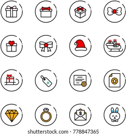 line vector icon set - gift vector, bow, christmas hat, santa sleigh, medical label, certificate, diamond, ring, mail dollar, toy rabbit
