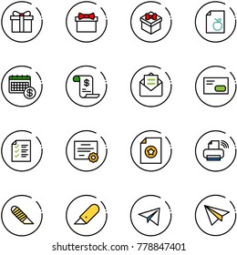line vector icon set - gift vector, diet list, calendar, account history, opened mail, envelope, certificate, printer wireless, work knife, paper plane