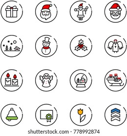line vector icon set - gift vector, santa claus, christmas landscape, snowman, holly, angel, candle, snowball house, sleigh, bell, certificate, tulip, chevron