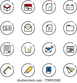 line vector icon set - gift vector, christmas calendar, diet list, schedule, check, opened mail, document, folder, agreement, garbage, wireless, terms plan, staple, work knife, abc book, paper plane