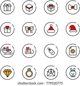 line vector icon set - gift vector, bow, christmas hat, santa sleigh, medical label, certificate, diamond, ring, mail dollar, toy rabbit