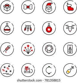 line vector icon set - gift vector, bow, santa claus, christmas sock, ball, garland, deer, firework rocket, wreath, mobile, sale, sleigh, cent, fizz opening