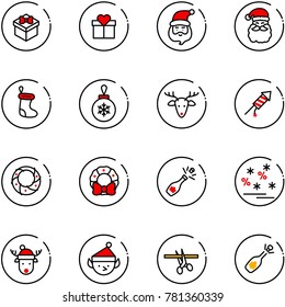 line vector icon set - gift vector, santa claus, christmas sock, ball, deer, firework rocket, wreath, champagne, sale, hat, elf, opening, fizz