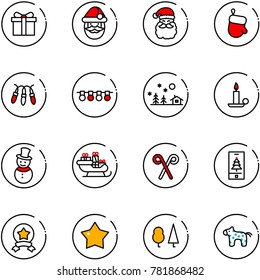 line vector icon set - gift vector, santa claus, christmas glove, garland, landscape, candle, snowman, sleigh, stick, mobile, star medal, forest, toy horse