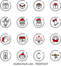 line vector icon set - gift vector, santa claus, bell, gloves, christmas calendar, firework, wreath, mobile, elf, cent, opening