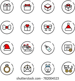 line vector icon set - gift vector, bow, christmas hat, santa sleigh, medical label, certificate, diamond ring, mail dollar, toy rabbit, cat
