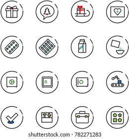 line vector icon set - gift vector, merry christmas message, sleigh, first aid kit, pills blister, milk, cereal, safe, conveyor, check, tool box, cube hole toy
