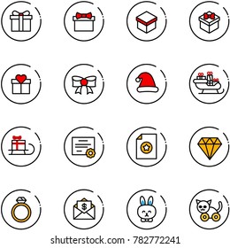 line vector icon set - gift vector, bow, christmas hat, santa sleigh, certificate, diamond, ring, mail dollar, toy rabbit, cat
