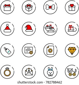 line vector icon set - gift vector, bow, christmas hat, santa sleigh, medical label, certificate, diamond, ring, mail dollar, toy rabbit, cat