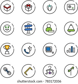 line vector icon set - gift vector, sweet pepper, safe, dollar smile, road signpost sign, user password, bell, win cup, phone, monoblock pc, chart, link, staple, baby carousel, toy windmill