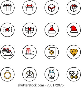 line vector icon set - gift vector, bow, christmas hat, santa sleigh, certificate, diamond, ring, mail dollar, toy rabbit, cat