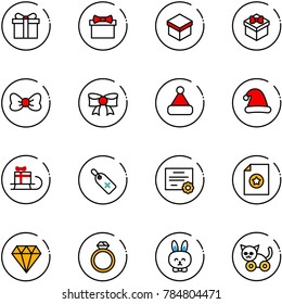 line vector icon set - gift vector, bow, christmas hat, sleigh, medical label, certificate, diamond, ring, toy rabbit, cat