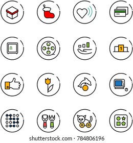 line vector icon set - gift vector, christmas sock, heart beat, credit card, safe, film coil, growth, pedestal, finger up, tulip, dolphin, monoblock pc, circuit, shovel fork toy, cat, cube hole