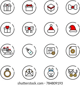 line vector icon set - gift vector, bow, christmas hat, santa sleigh, medical label, certificate, diamond ring, mail dollar, toy rabbit, cat
