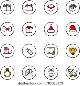 line vector icon set - gift vector, bow, christmas hat, sleigh, medical label, certificate, diamond, ring, mail dollar, toy rabbit, cat