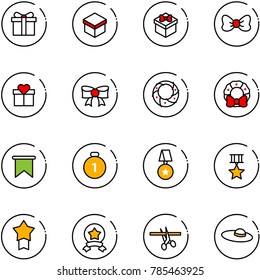 line vector icon set - gift vector, bow, christmas wreath, flag, gold medal, star, opening, woman hat