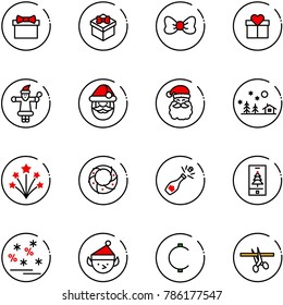 line vector icon set - gift vector, bow, santa claus, christmas landscape, firework, wreath, champagne, mobile, sale, elf, cent, opening