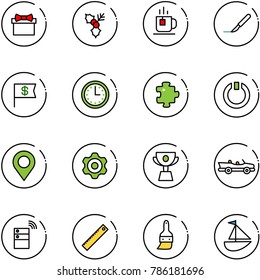 line vector icon set - gift vector, holly, tea, scalpel, dollar flag, time, puzzle, standby, map pin, gear, cup, cabrio, server wireless, ruler, brush, sailboat toy