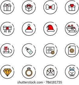 line vector icon set - gift vector, bow, christmas hat, santa sleigh, medical label, certificate, diamond, ring, mail dollar, toy rabbit