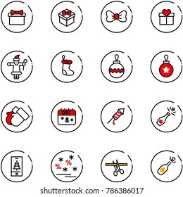 line vector icon set - gift vector, bow, santa claus, christmas sock, ball, gloves, calendar, firework rocket, champagne, mobile, sale, opening, fizz