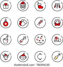 line vector icon set - gift vector, santa claus, christmas sock, garland, ball, gloves, firework rocket, wreath, champagne, sale, sleigh, deer hat, elf, cent, fizz opening