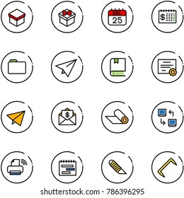 line vector icon set - gift vector, 25 dec calendar, finance, folder, paper plane, book, certificate, fly, mail dollar, mat, data exchange, printer wireless, terms plan, work knife, staple