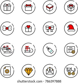 line vector icon set - gift vector, bow, christmas hat, santa sleigh, medical label, certificate, diamond, mail dollar, toy cat