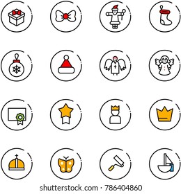 line vector icon set - gift vector, bow, santa claus, christmas sock, ball, hat, angel, certificate, star medal, king, crown, butterfly, paint roller, sailboat toy